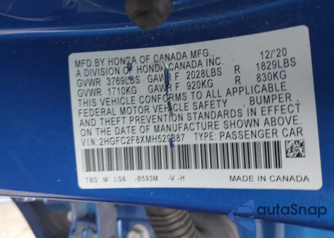 2021 Honda Civic Sport from USA, damaged, VIN 2HGFC2F8XMH529887